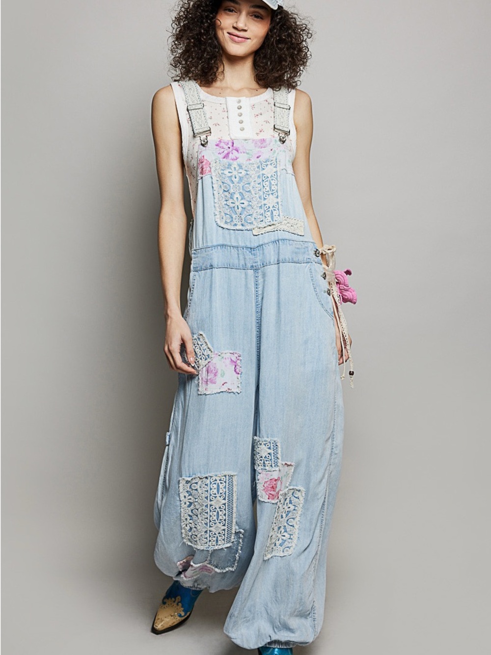 POL Light Blue Denim Patchwork Lace Jumpsuit with Pink Accents - Picture 4 of 8